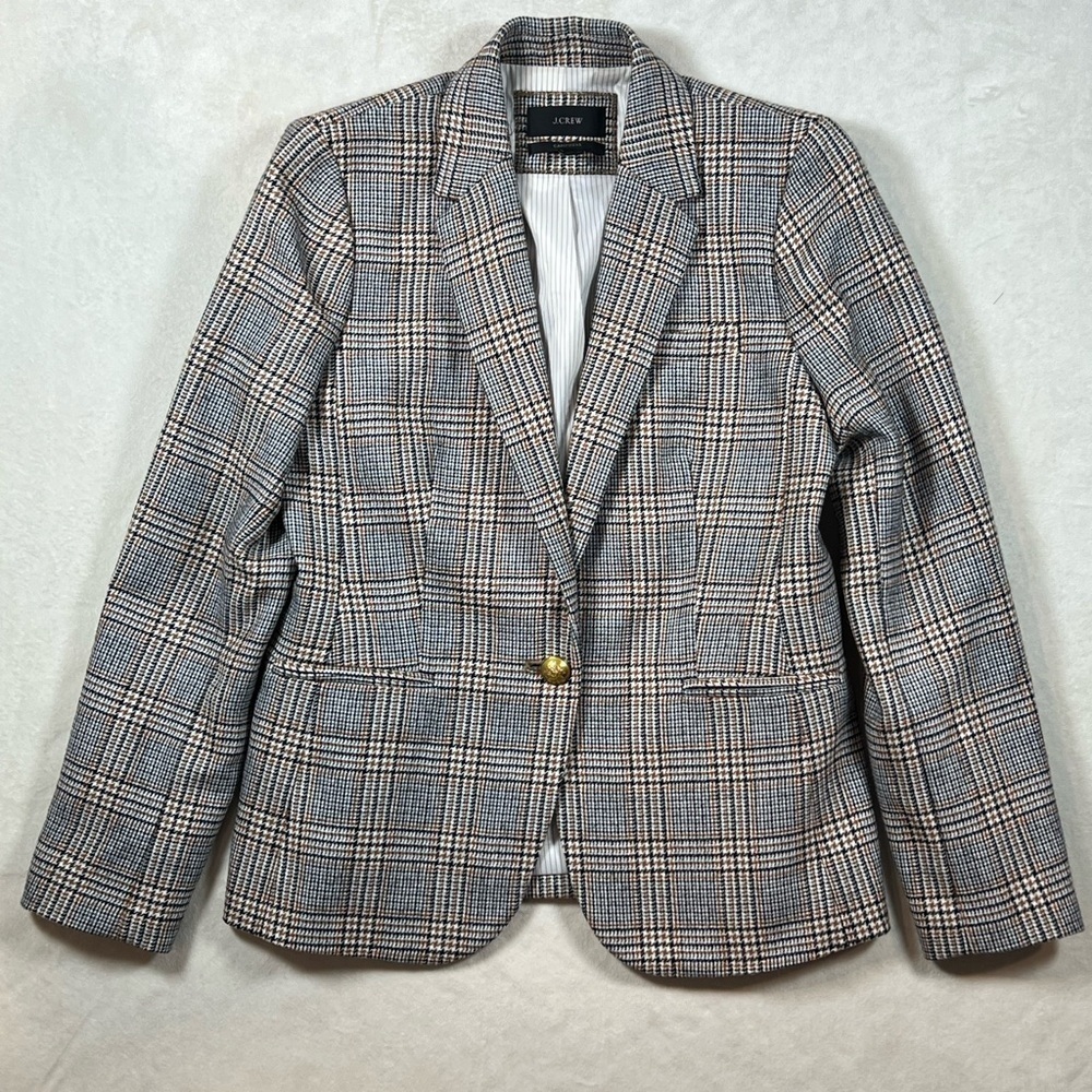 J Crew Size 8 Campbell Plaid Tweed One Button Wool Blend Chic Blazer Coat EUC